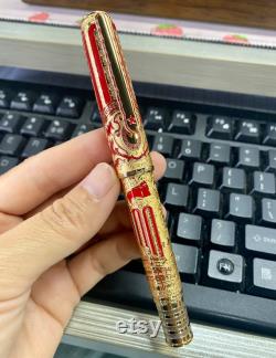 Hongdian 100 Fountain Pen 14K Gold Nib Calligraphy Pen, Red-Gold Piston Resin Writing Pen Gift Limited Edition
