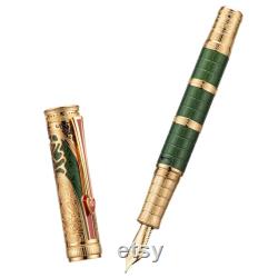Hongdian D5 Qin Fountain Pen 14K Gold Nib Wood Gift Box Set, Engraved Chinese Style Piston Luxurry Pen for Writing Collection