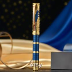 Hongdian D5 Qin Fountain Pen 14K Gold Nib Wood Gift Box Set, Engraved Chinese Style Piston Luxurry Pen for Writing Collection