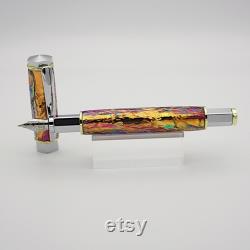 Industrial Fountain Pen in Chrome and Gold with Precious Opal and a Magnetic Cap