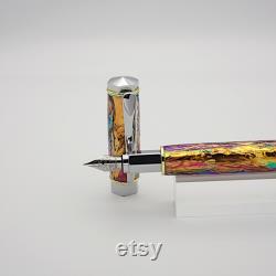 Industrial Fountain Pen in Chrome and Gold with Precious Opal and a Magnetic Cap