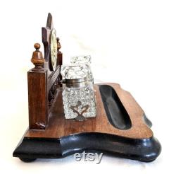 Late 19th century Ink Stand, Civil War Union Eagle Brass Breast Plate, 2 cut glass ink bottles, 6 5 8 H x 10 7 8 W x 6 7 8 D inches