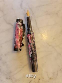Marble Pink, Black, and White Hydro Dip Pattern Resin Fountain and Rollerball Pen 5 Fine Nib