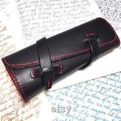 Pen Roll, leather pen roll, leather pen storage, leather pen holder, fountain pen roll, pen case, black and red, garny