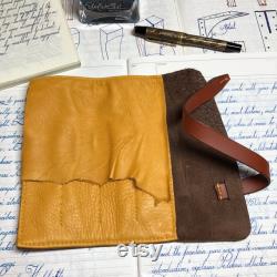 Pen Roll, leather pen roll, leather pen storage, leather pen holder, fountain pen roll, pen case, brown bison and golden deerskin, garny
