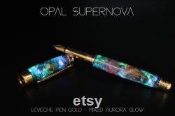 Space Fountain Pen, Galaxy Art, Real Meteorite, Moldavite, Opal, Premium hand-made , Rollerball, Aurora Nebula, crystal glow, 23k Gold Nib