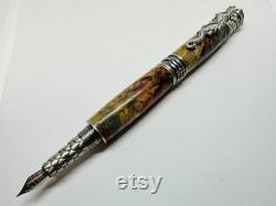 Stunning Dragon Fountain Pen in Pewter - Made with Dyed Box Elder Wood
