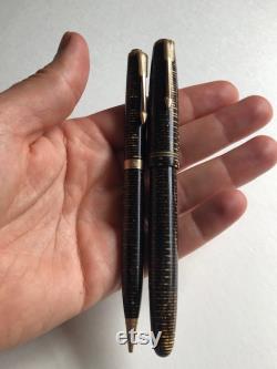 Vintage Canadian Parker Brown Gold Striped Laminated Celluloid Vacumatic Fountain Pen Mechanical Pencil Set