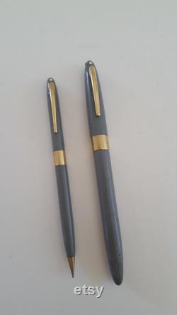 Vintage circa 1950's Sheaffer's Snorkel Fountain Pen and Mechanical Pencil set, White Dot grey with gold trims