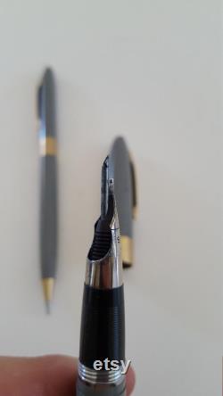 Vintage circa 1950's Sheaffer's Snorkel Fountain Pen and Mechanical Pencil set, White Dot grey with gold trims