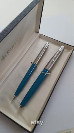 Vintage circa 1960's Parker 61 Classic pen and pencil set original hard case and paperwork, Turquoise barrel, could be new