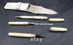 Waterman's Ideal Nurse Mother of Pearl Fountain Pen Pencil and Thermometer Trio Original Leather Pouch Set Vintage 1930's 14 Kt Pen Nib