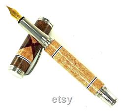 Wooden Fountain Pen Curly Maple with Walnut Segments Redheart Circles White Black Rings Made in USA Stainless Steel hardware 718FPSSG