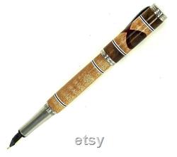 Wooden Fountain Pen Curly Maple with Walnut Segments Redheart Circles White Black Rings Made in USA Stainless Steel hardware 718FPSSG