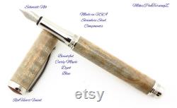 Wooden Fountain Pen Hand Turned Curly Maple dyed Blue Made In USA Stainless Steel Hardware 589FPSSF