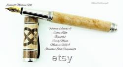 Wooden Fountain Pen Quilted Maple Black Walnut Knot Cream and Black Rings Stainless Steel Hardware 723FPSSG