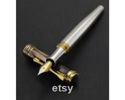 Xezo Handmade Maestro 925 Sterling Silver Tahitian Black Mother of Pearl Fine Fountain Pen, Serialized. 18K Gold Plated