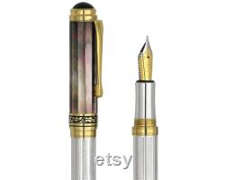 Xezo Handcrafted Maestro 925 Black Mother of Pearl and Silver Ballpoint Pen. 