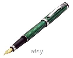 Xezo Incognito Fountain Pen, Fine Nib. Forest Green Lacquered Diamond-Cut Brass. Platinum Plated. Handmade and Limited Edition